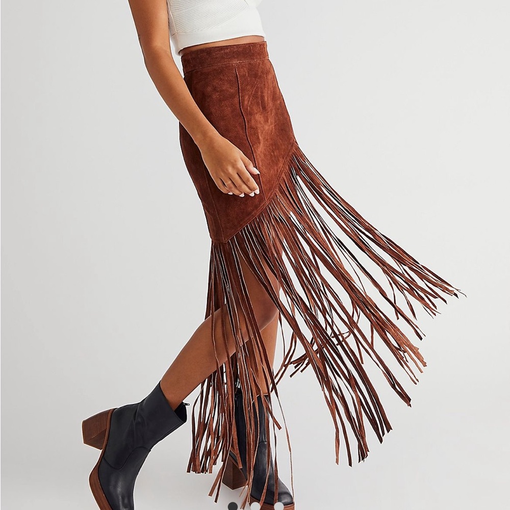 Free People x Understated Leather Western Style Fringe Skirt XS brown NWT